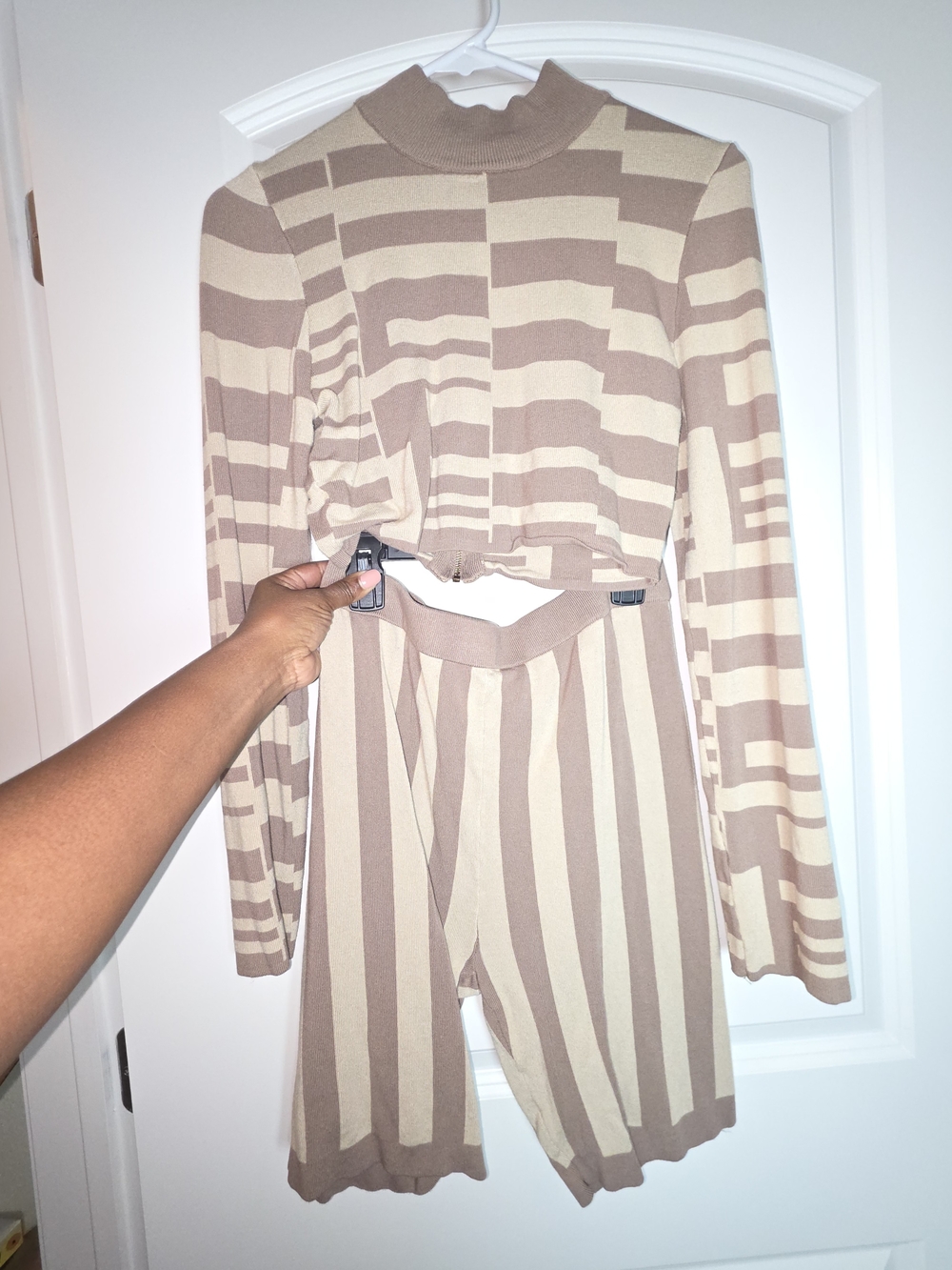 Striped Sweater Knit Capris 2-pc Set - Beige & Brown